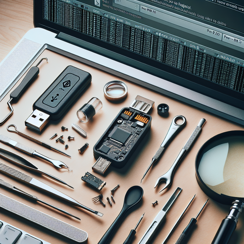 "Technician carefully inspecting a physically bent USB drive for data recovery options in a well-lit workspace, emphasizing the complexities of recovering data from damaged storage devices."